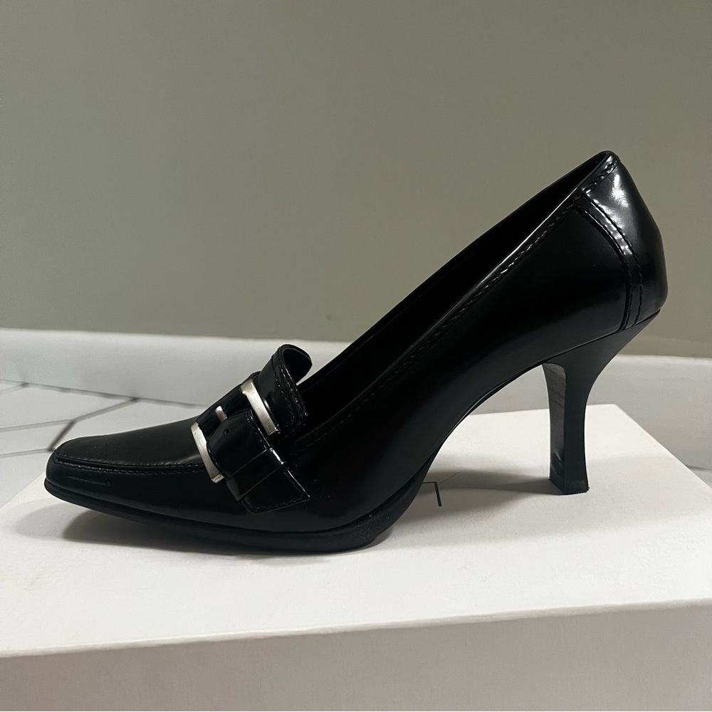 ALFANI Black Real Leather Y2K New Loafer Kitten Heels